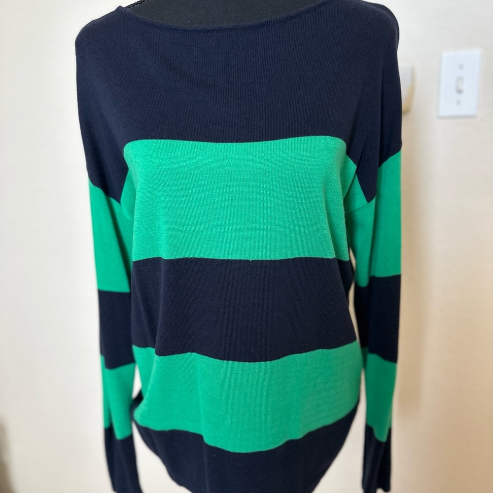 Chaps Knit Sweater Women Size M Blue Green Color‎ Block Striped StretchChaps